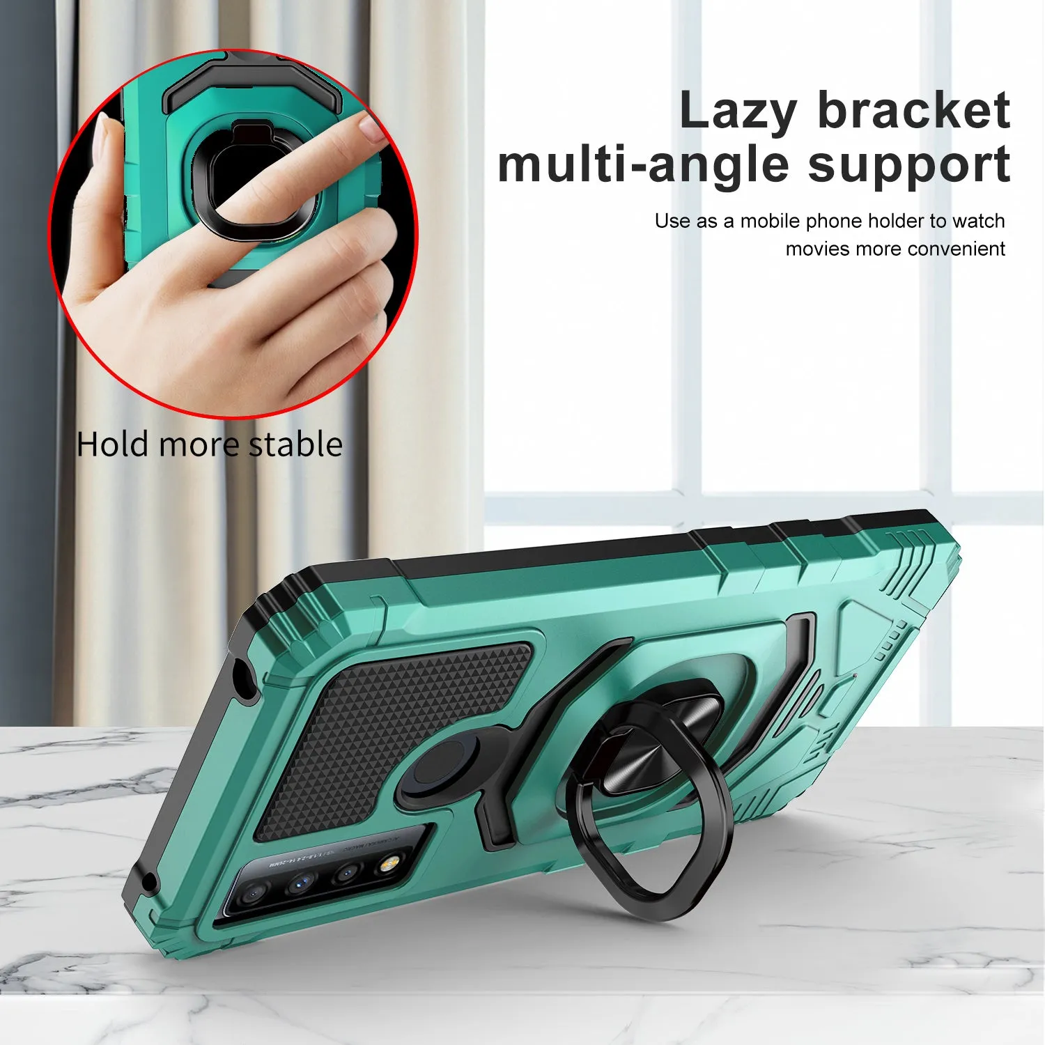 For TCL 20 A 5G / 4X 5G Case [Military Grade] Ring Car Mount Kickstand w/[Tempered Glass] Hybrid Hard PC Soft TPU Shockproof Protective Case - Teal