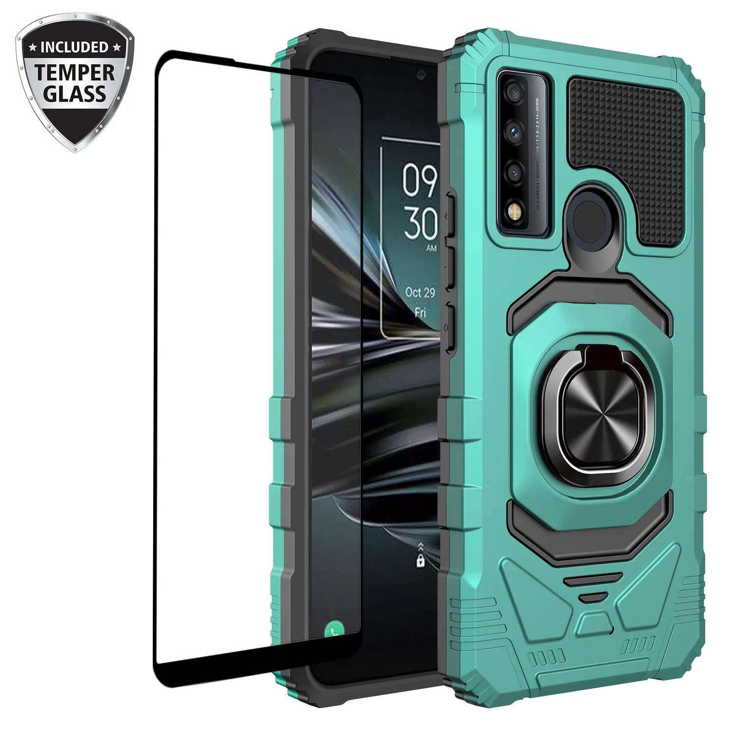 For TCL 20 A 5G / 4X 5G Case [Military Grade] Ring Car Mount Kickstand w/[Tempered Glass] Hybrid Hard PC Soft TPU Shockproof Protective Case - Teal