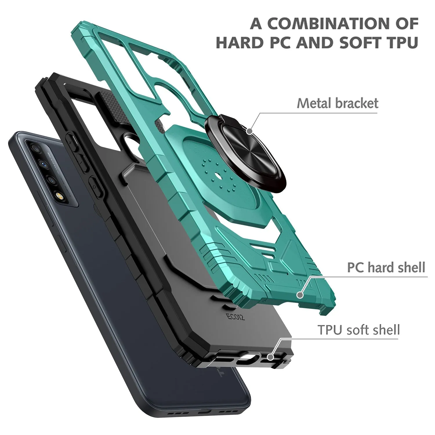 For TCL 20 A 5G / 4X 5G Case [Military Grade] Ring Car Mount Kickstand w/[Tempered Glass] Hybrid Hard PC Soft TPU Shockproof Protective Case - Teal