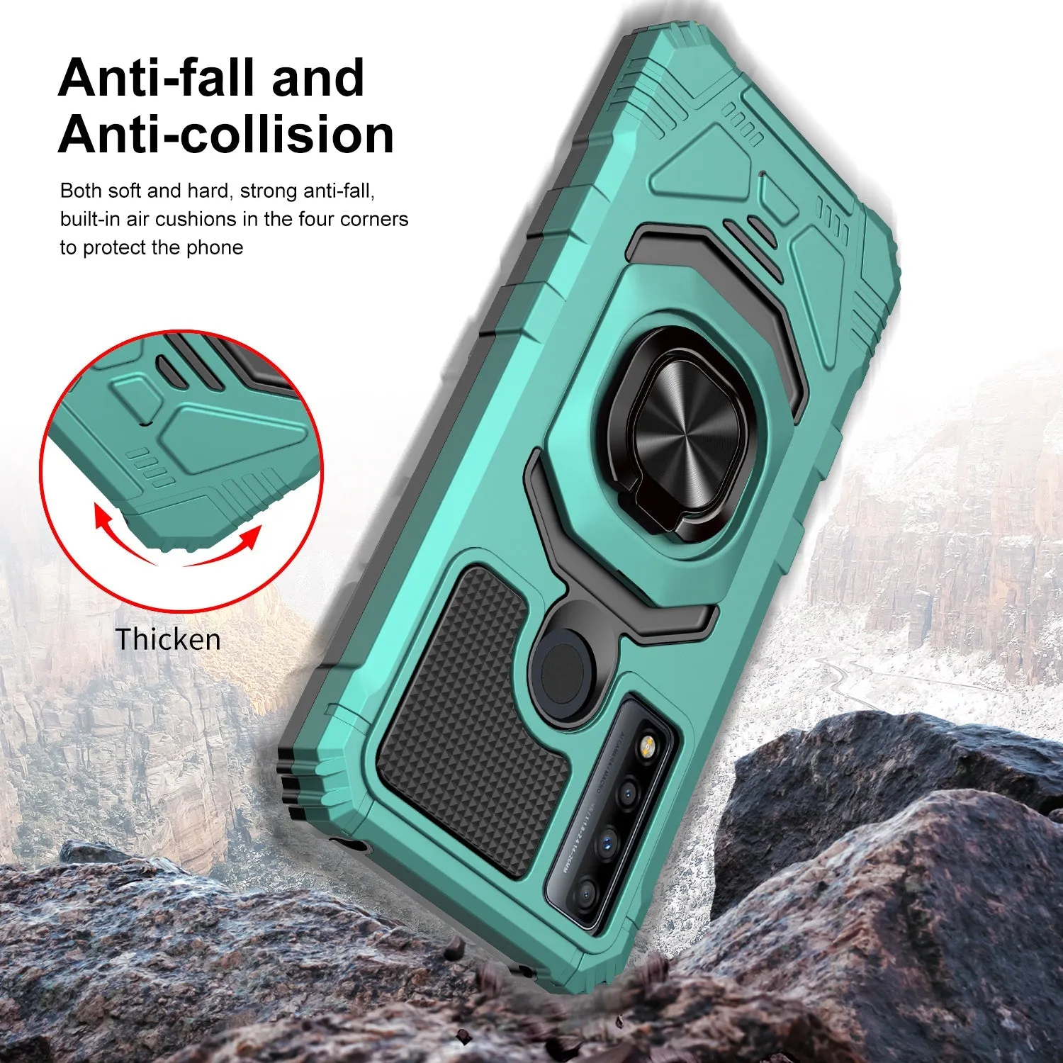 For TCL 20 A 5G / 4X 5G Case [Military Grade] Ring Car Mount Kickstand w/[Tempered Glass] Hybrid Hard PC Soft TPU Shockproof Protective Case - Teal