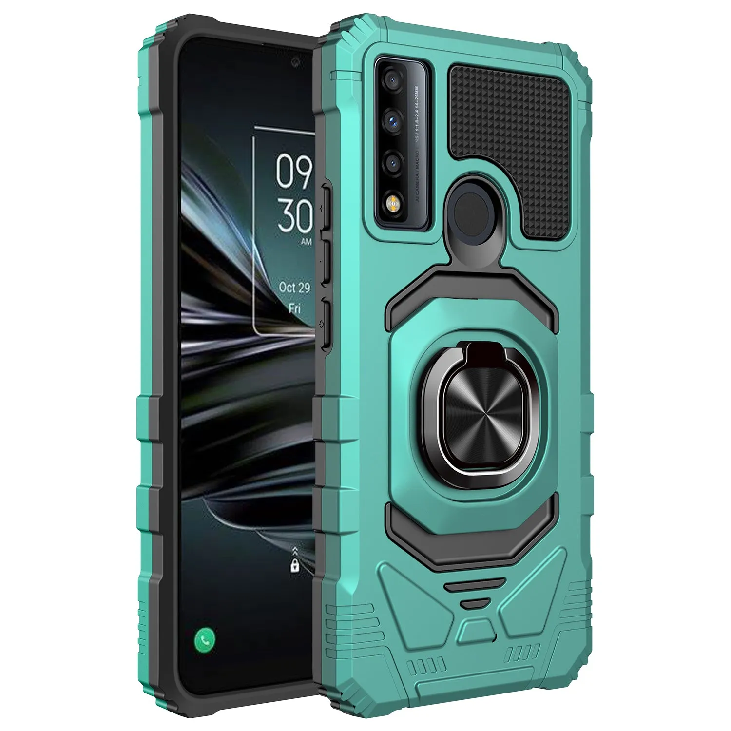 For TCL 20 A 5G / 4X 5G Case [Military Grade] Ring Car Mount Kickstand w/[Tempered Glass] Hybrid Hard PC Soft TPU Shockproof Protective Case - Teal