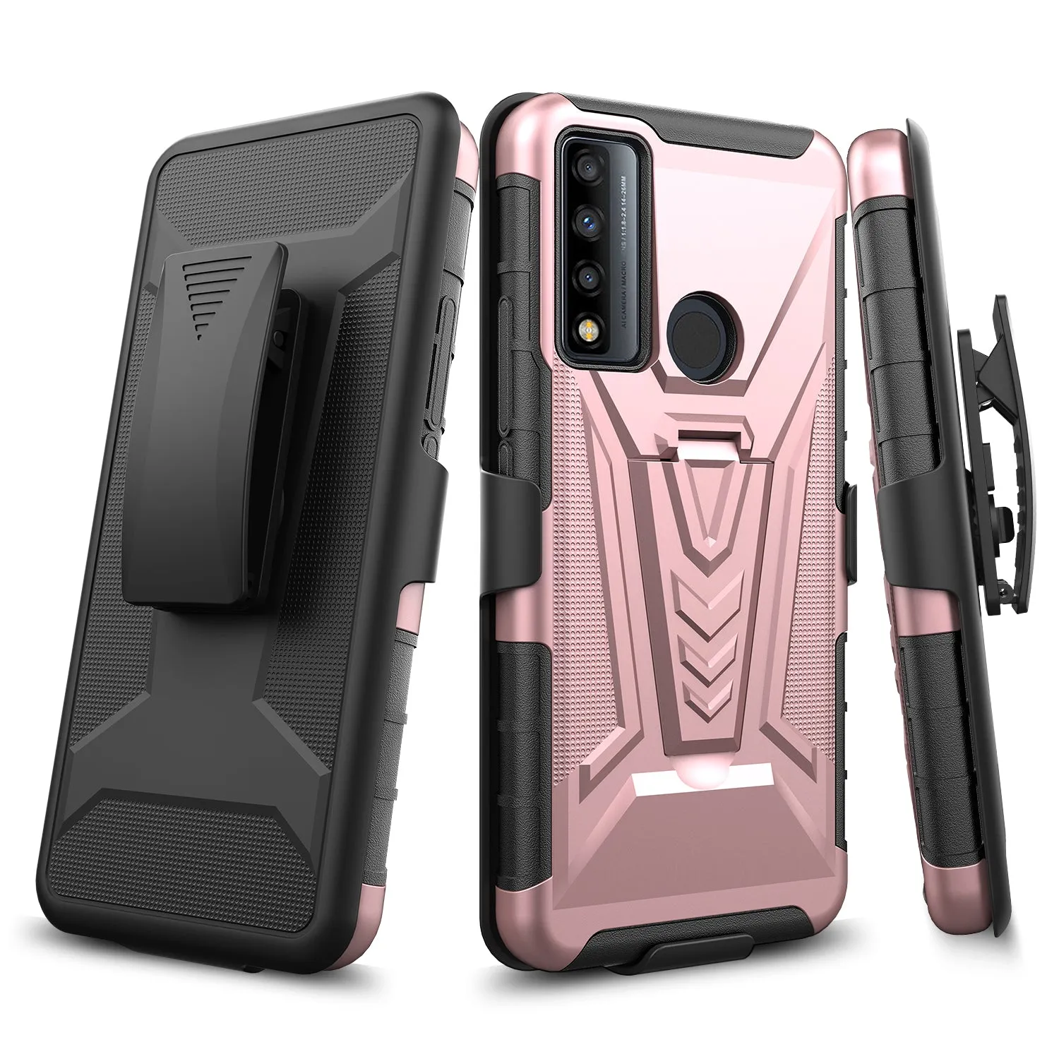 For TCL 20 A 5G / 4X 5G Case with Tempered Glass Screen Protector Heavy Duty Protective Phone Case,Built-in Kickstand Rugged Shockproof Protective Phone Case - Rose Gold