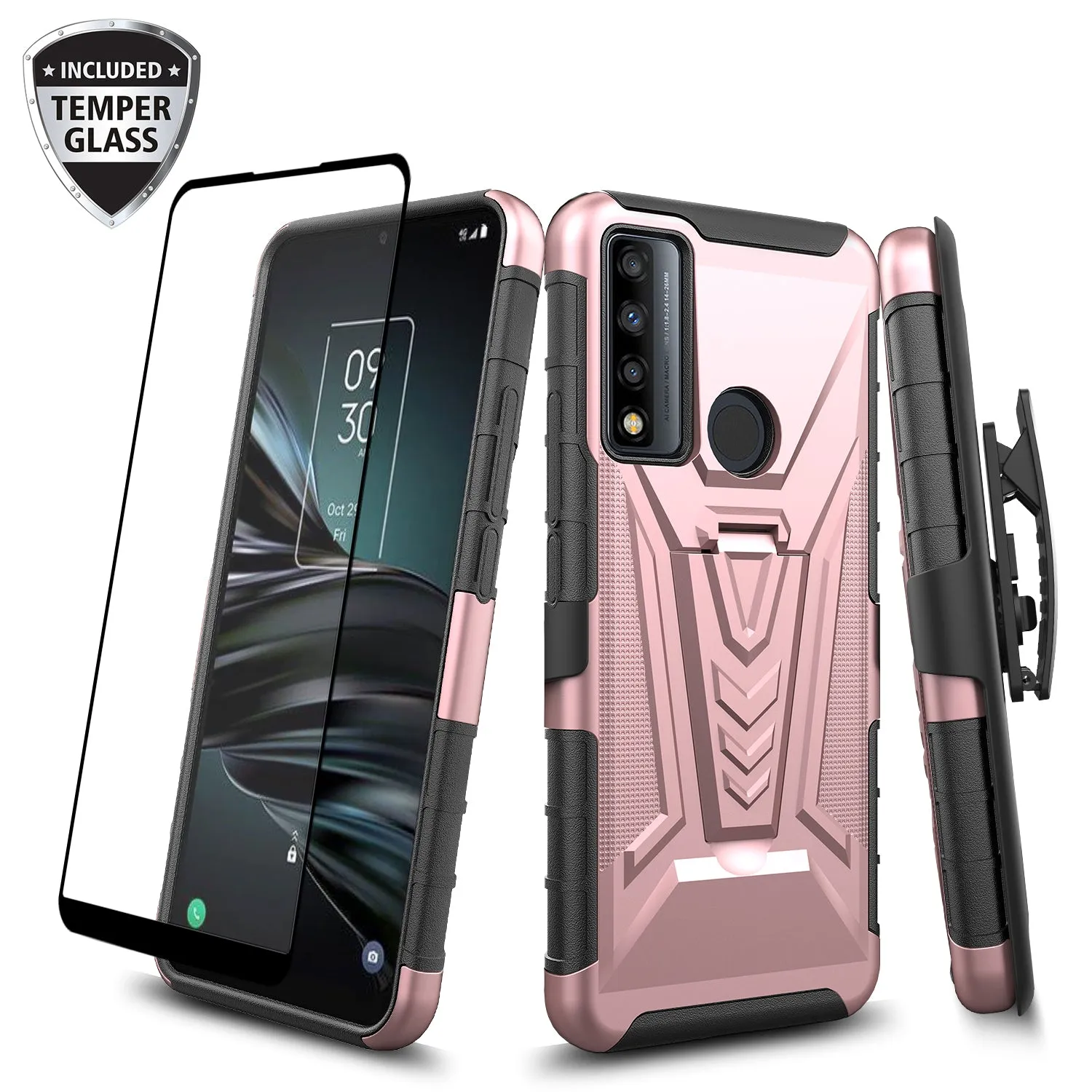 For TCL 20 A 5G / 4X 5G Case with Tempered Glass Screen Protector Heavy Duty Protective Phone Case,Built-in Kickstand Rugged Shockproof Protective Phone Case - Rose Gold