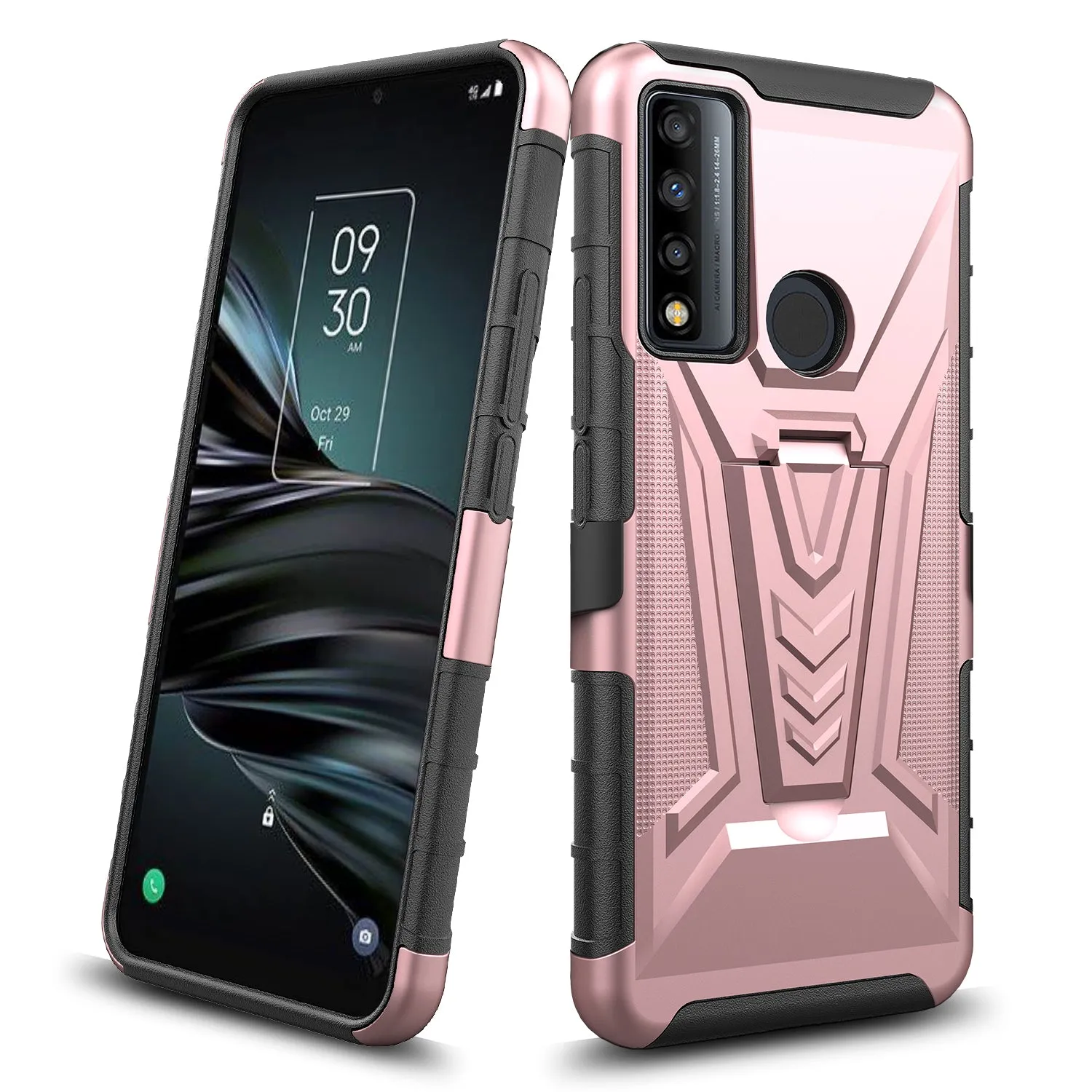 For TCL 20 A 5G / 4X 5G Case with Tempered Glass Screen Protector Heavy Duty Protective Phone Case,Built-in Kickstand Rugged Shockproof Protective Phone Case - Rose Gold