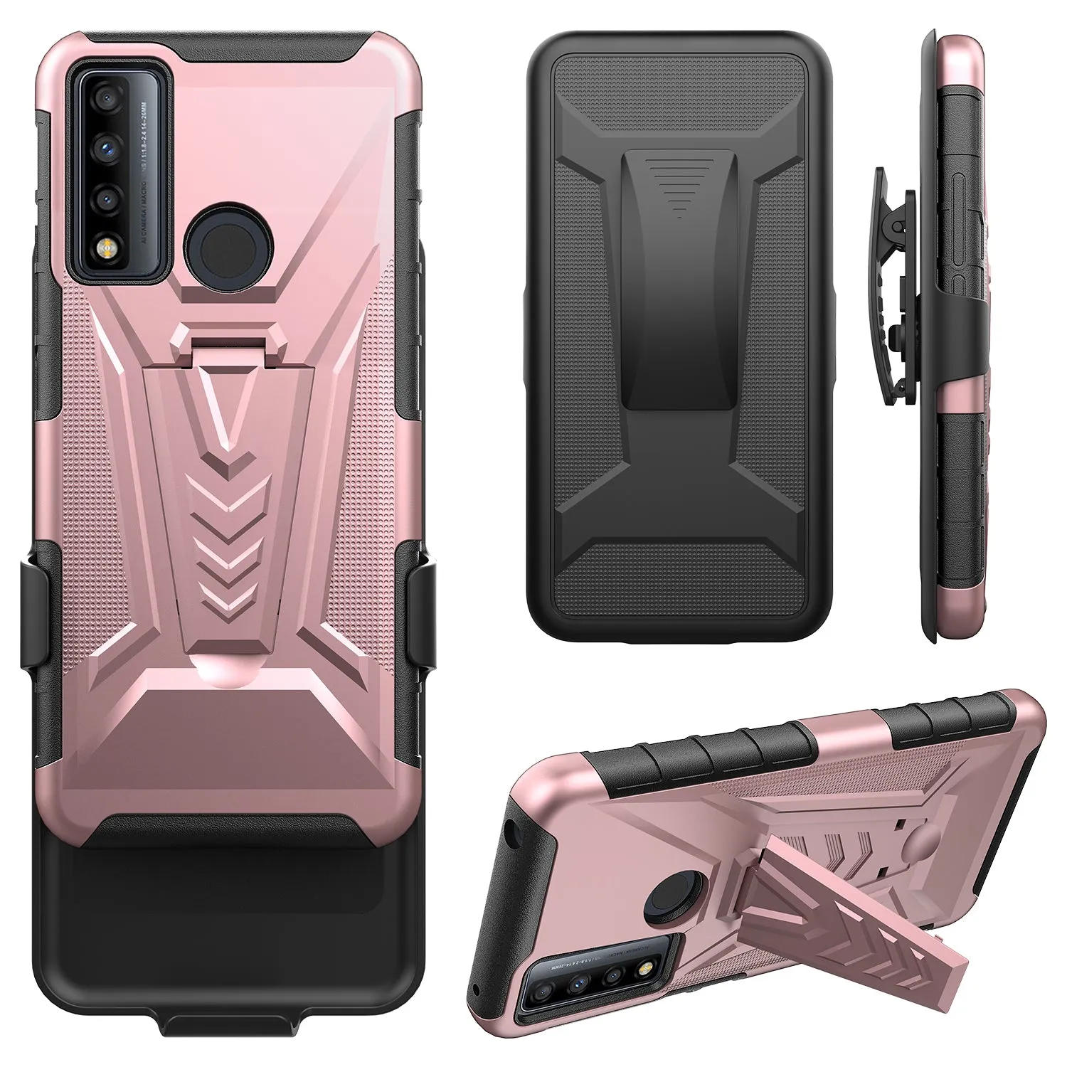 For TCL 20 A 5G / 4X 5G Case with Tempered Glass Screen Protector Heavy Duty Protective Phone Case,Built-in Kickstand Rugged Shockproof Protective Phone Case - Rose Gold