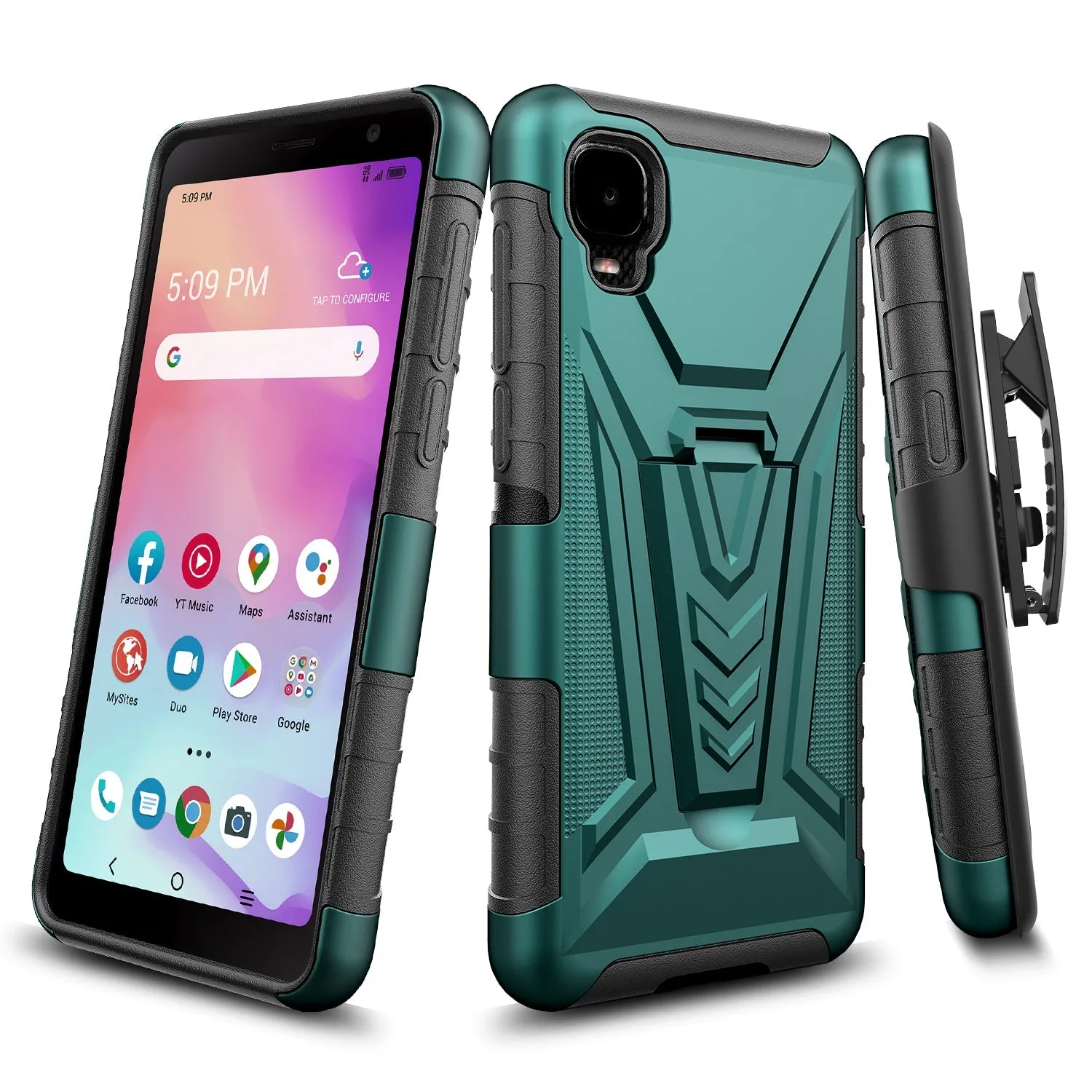 For TCL Ion Z/A3/A30 Case with Tempered Glass Screen Protector Heavy Duty Protective Phone Case,Built-in Kickstand Rugged Shockproof Protective Phone Case - Teal