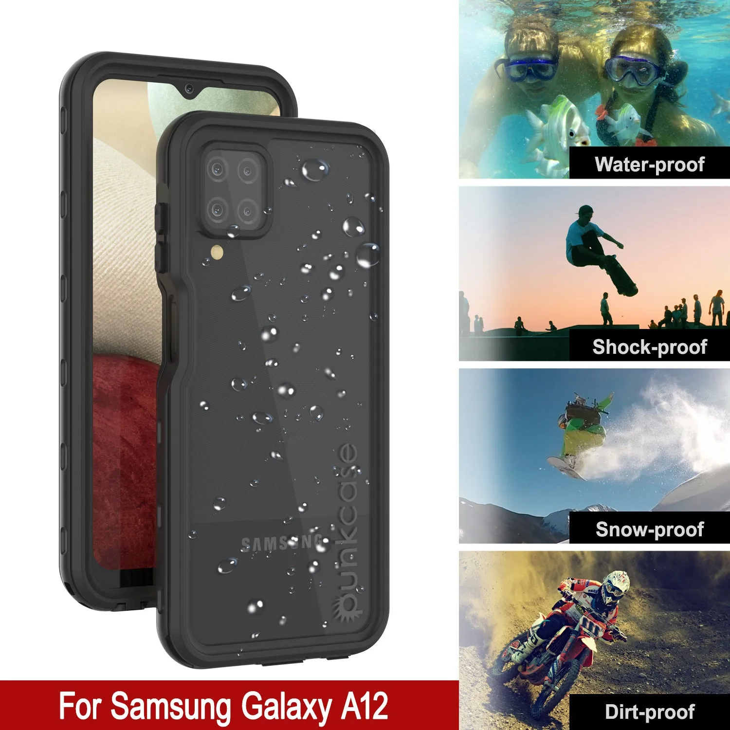 Galaxy A12 Waterproof Case PunkCase StudStar Black Thin 6.6ft Underwater IP68 Shock/Snow Proof