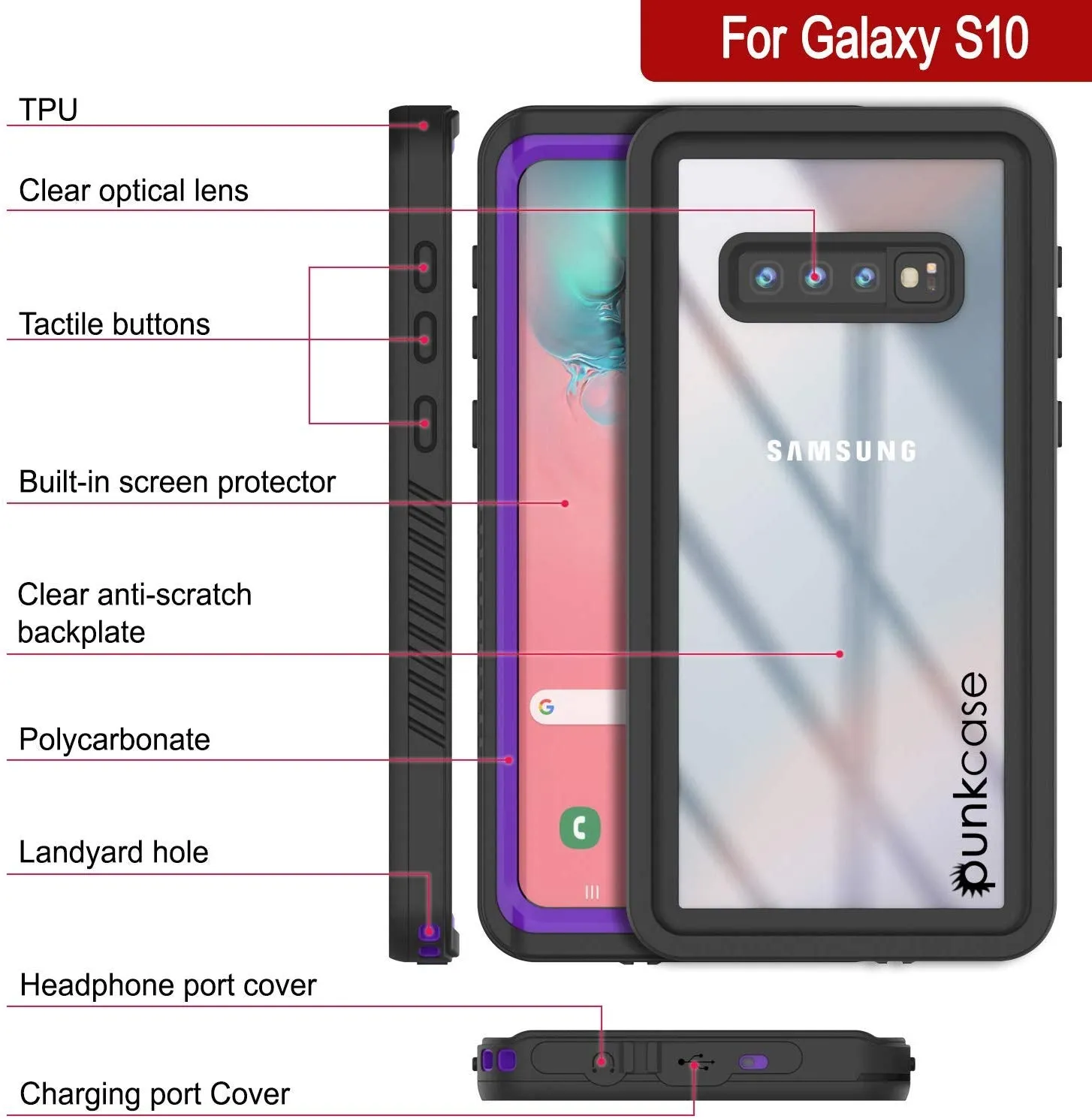 Galaxy S10 Water/Shockproof Slim Screen Protector Case [Purple]