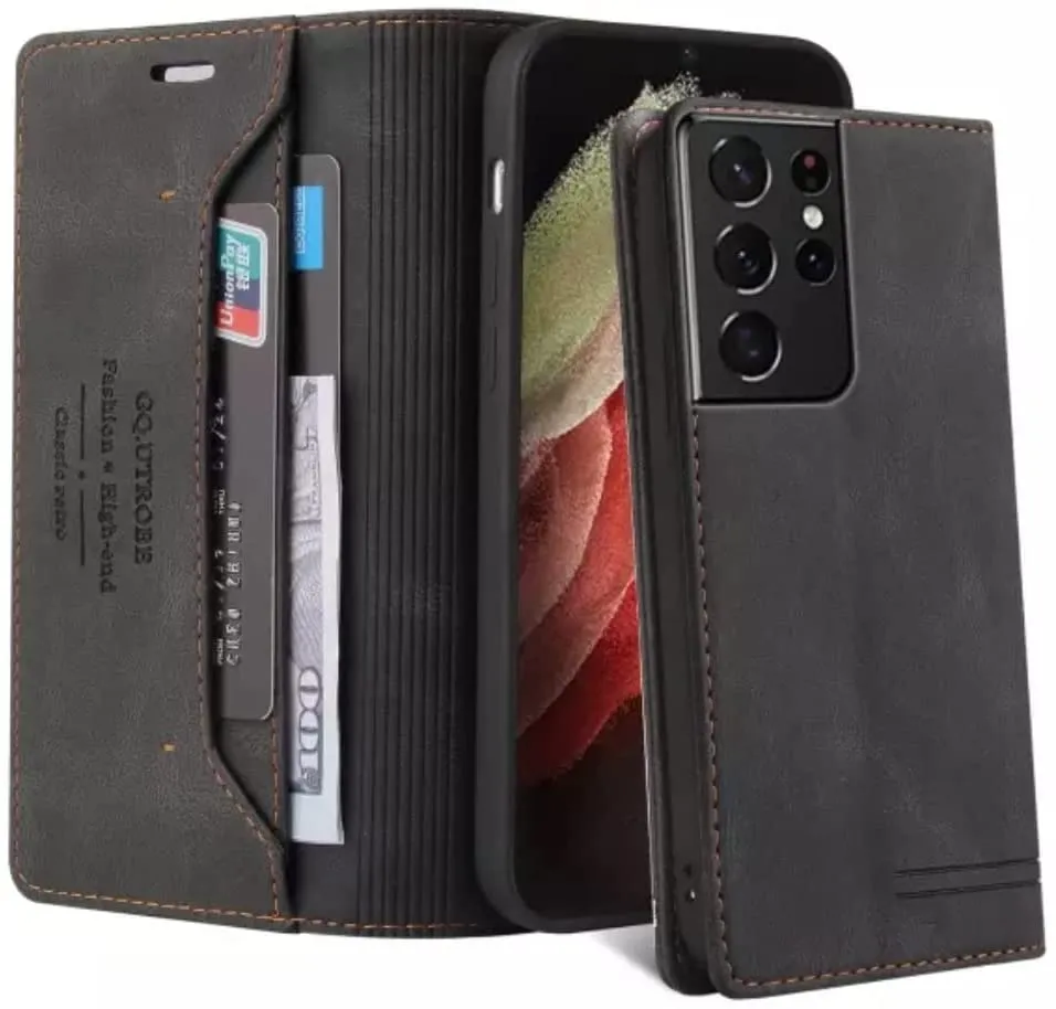 Galaxy S22 Ultra Leather Flip Wallet Magnetic Closure Case