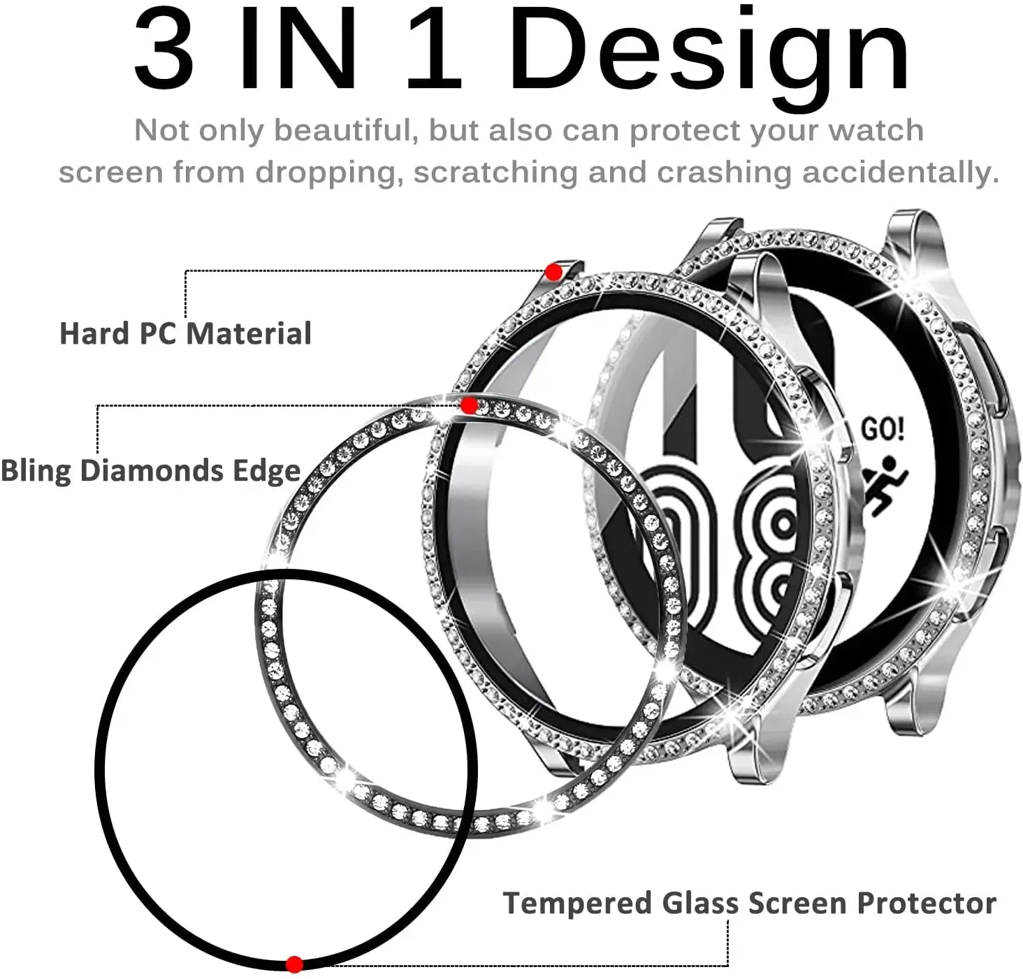 Glass Case for samsung Galaxy watch 5/4 44mm 40mm Accessories Bling Diamond PC bumper Screen protector Galaxy watch4 cover