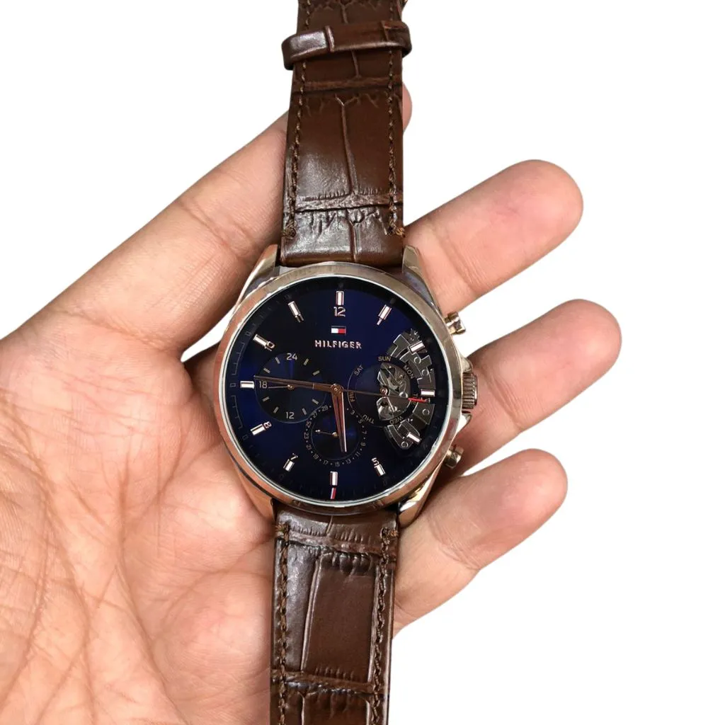 Gold Plated Steel Leather Wrist Watch For Men