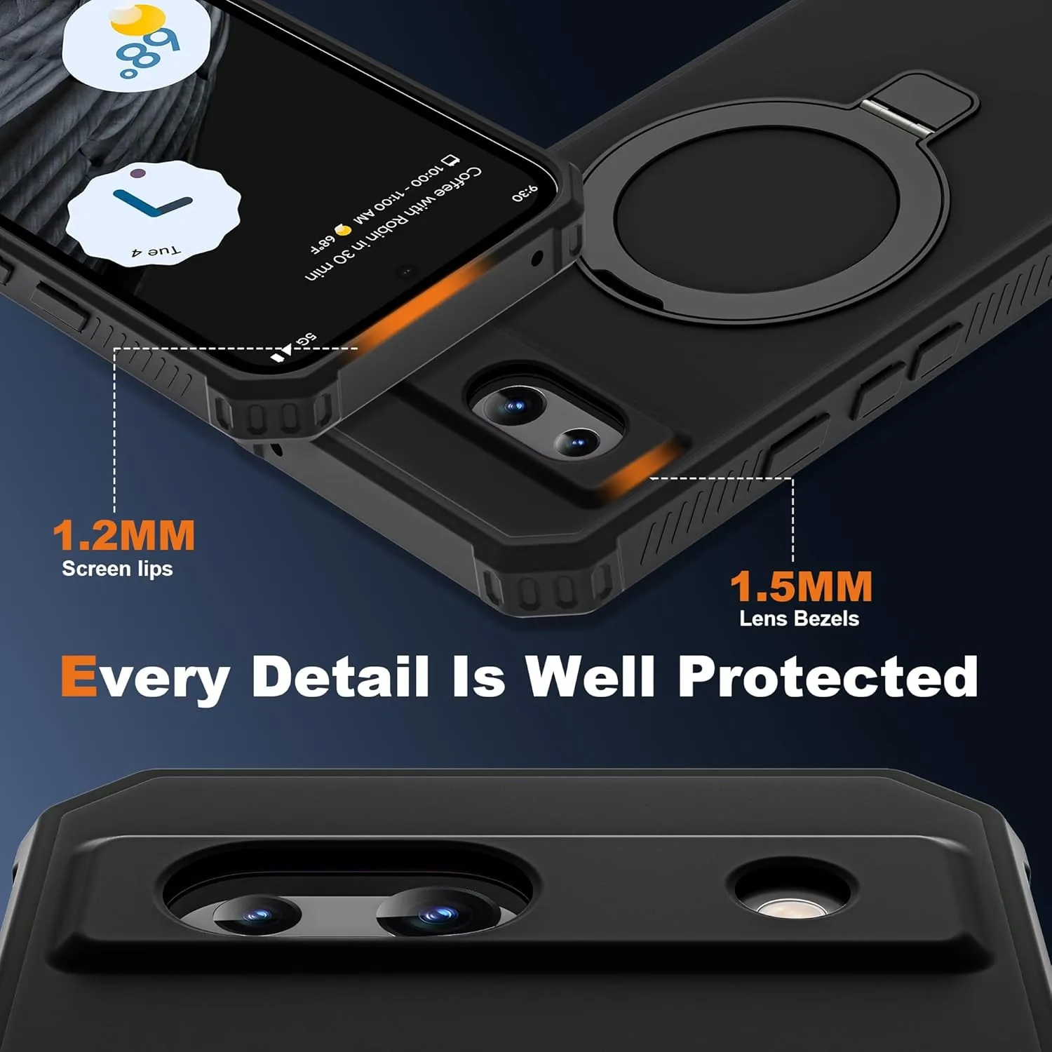 Google Pixel 9 Pro XL Case Build-in Ring Stand Shockproof Anti-Slip Protective Phone Case Black