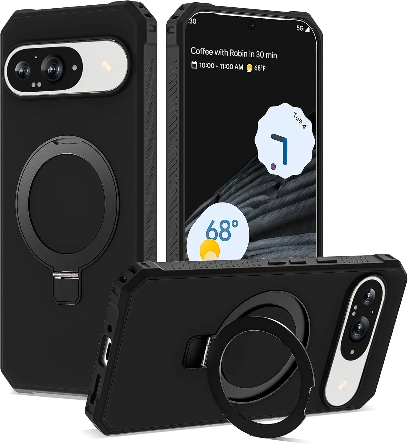 Google Pixel 9 Pro XL Case Build-in Ring Stand Shockproof Anti-Slip Protective Phone Case Black