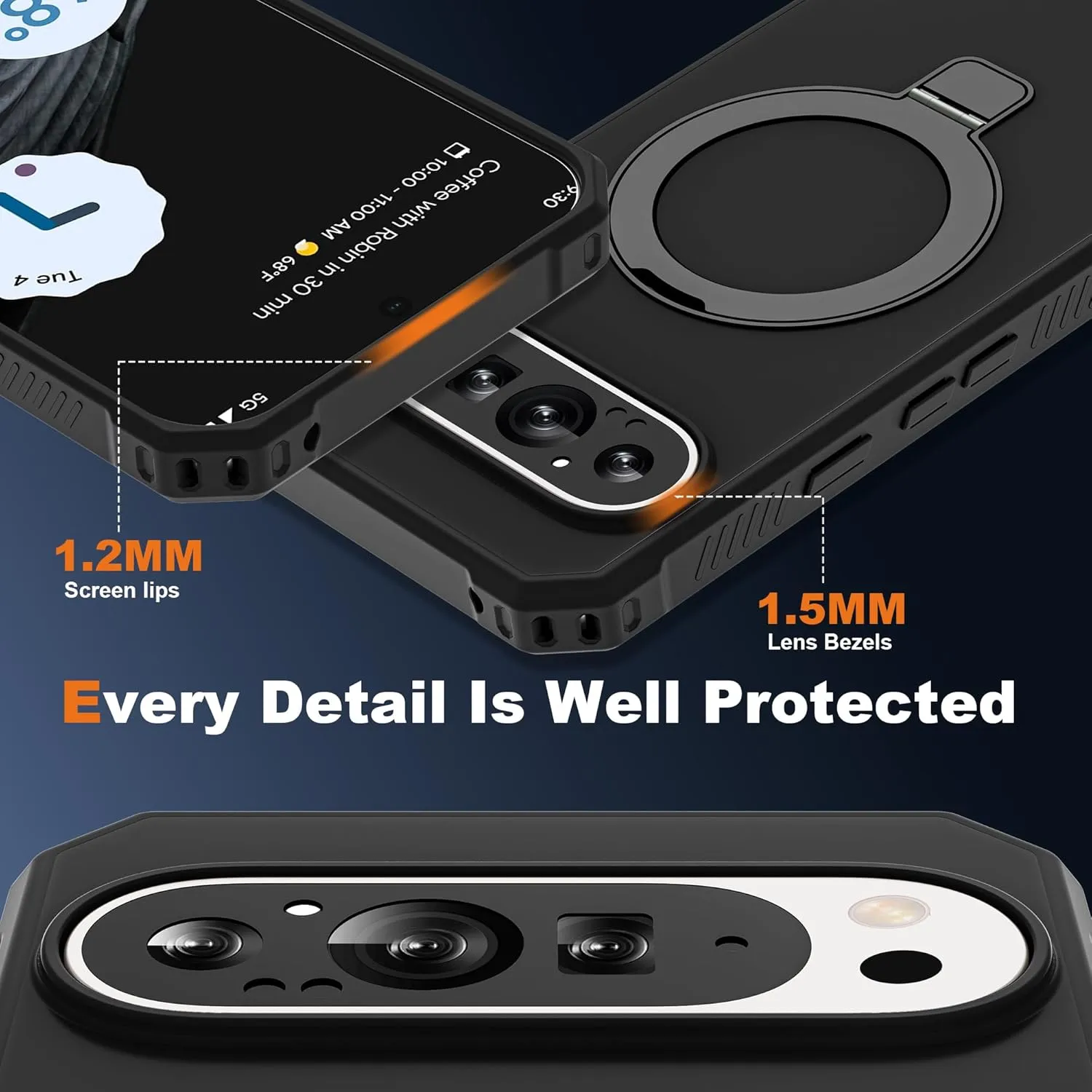 Google Pixel 9 Pro XL Case Build-in Ring Stand Shockproof Anti-Slip Protective Phone Case Black