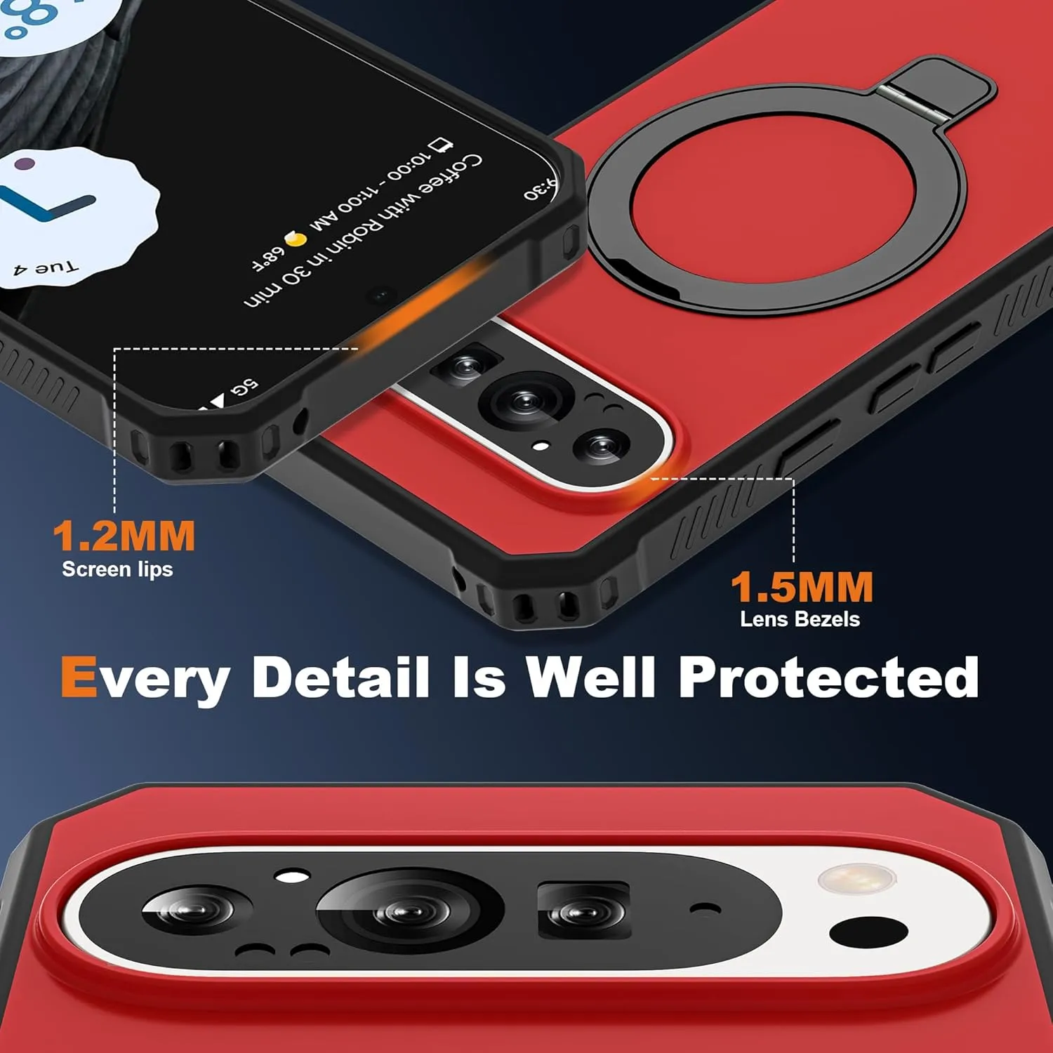 Google Pixel 9 Pro XL Case Build-in Ring Stand Shockproof Anti-Slip Protective Phone Case Black