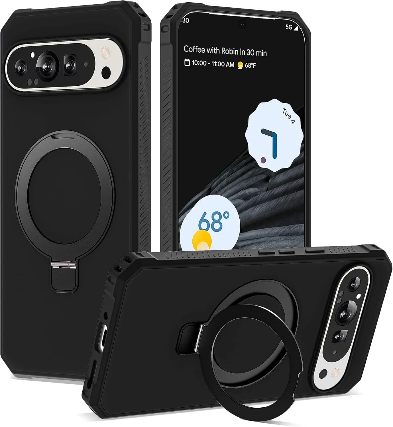 Google Pixel 9 Pro XL Case Build-in Ring Stand Shockproof Anti-Slip Protective Phone Case Black