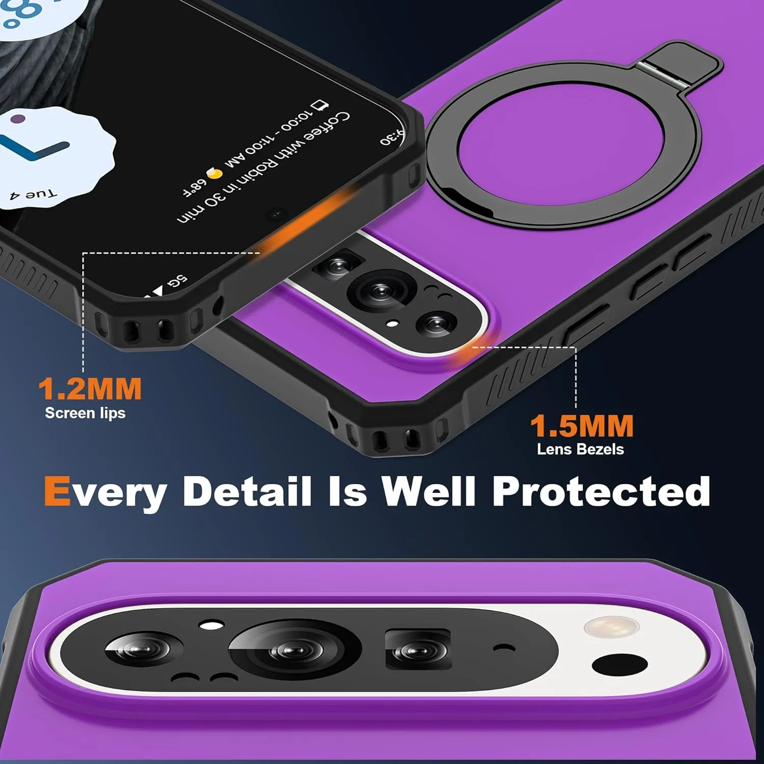 Google Pixel 9 Pro XL Case Build-in Ring Stand Shockproof Anti-Slip Protective Phone Case Black