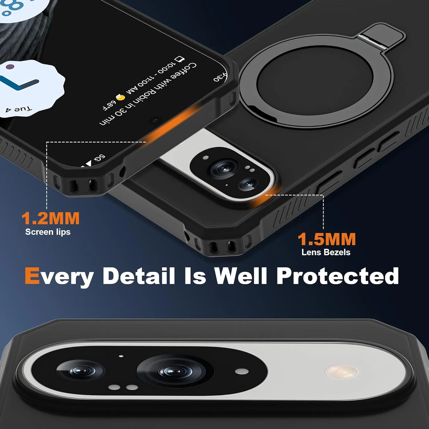 Google Pixel 9 Pro XL Case Build-in Ring Stand Shockproof Anti-Slip Protective Phone Case Black