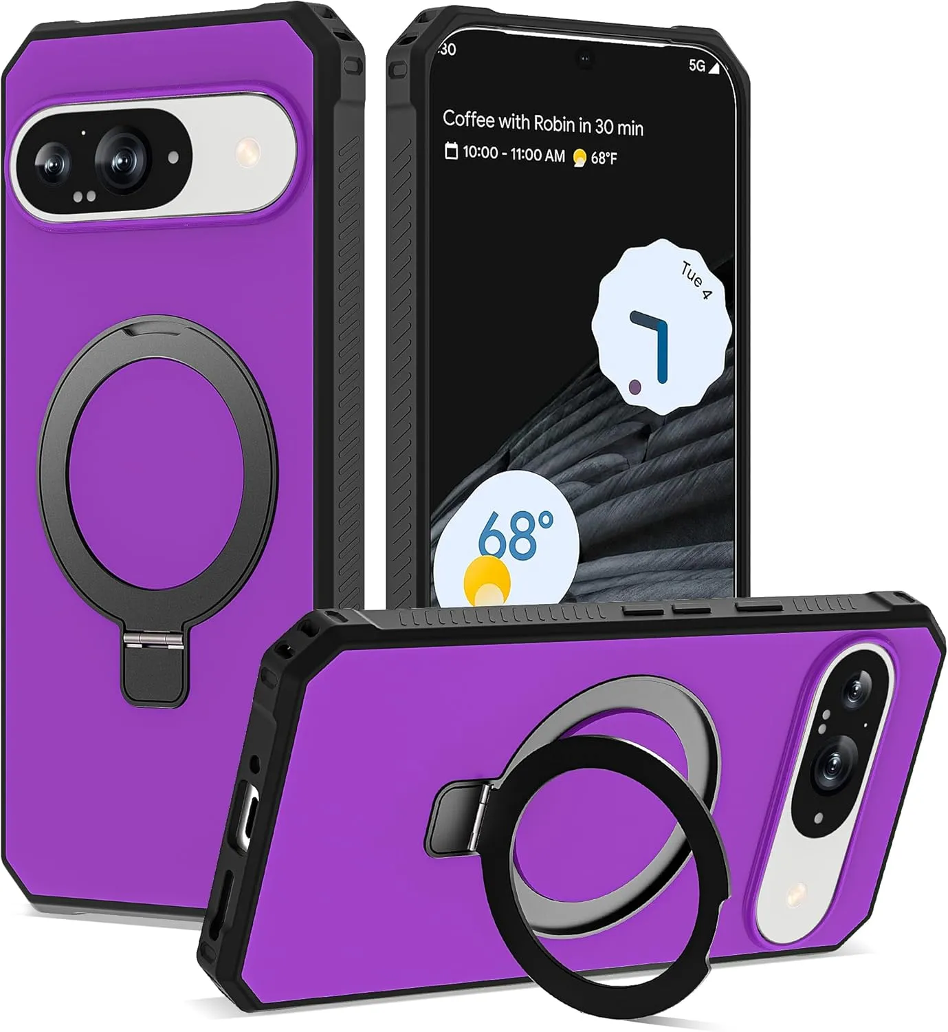 Google Pixel 9 Pro XL Case Build-in Ring Stand Shockproof Anti-Slip Protective Phone Case Black