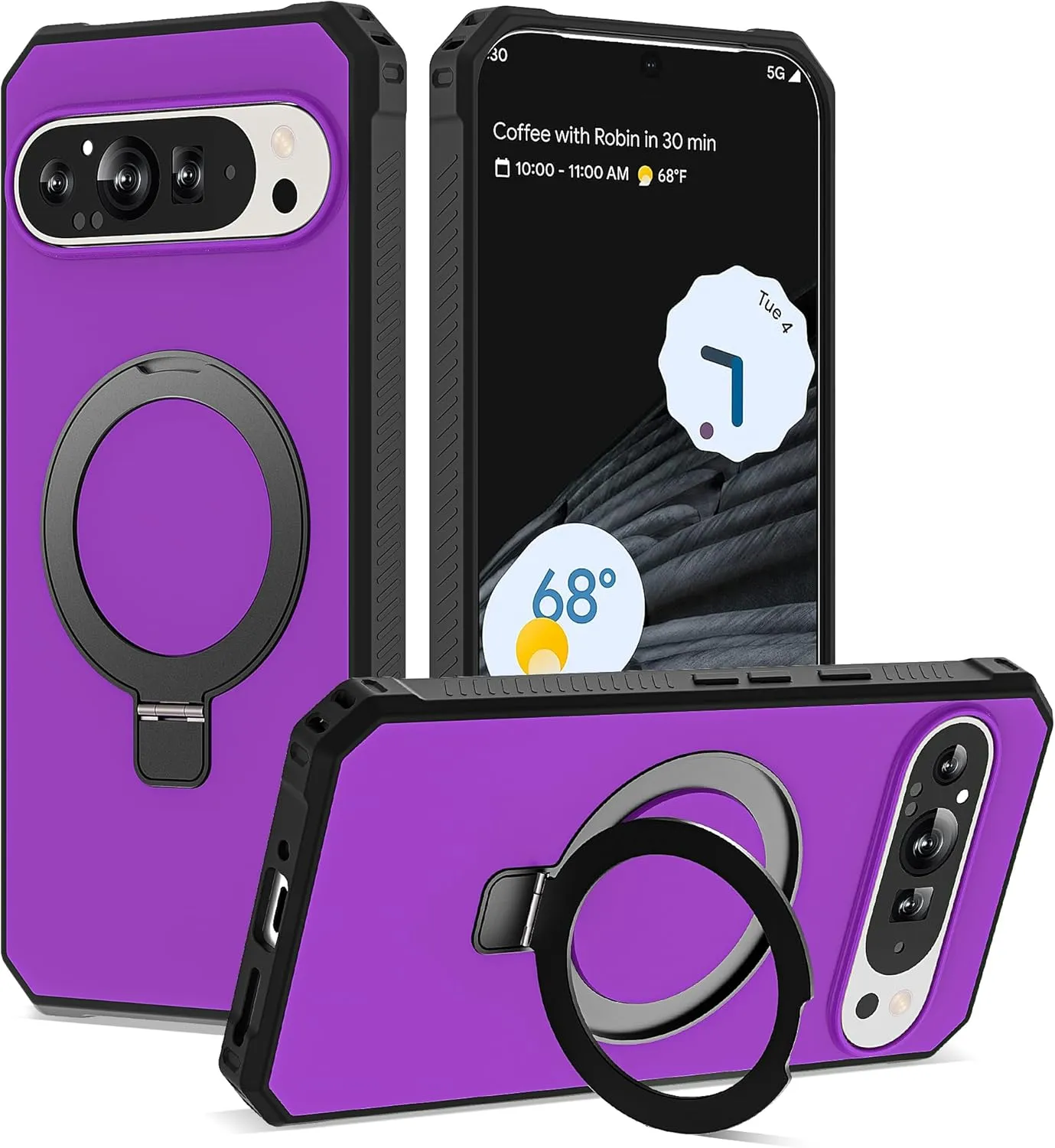 Google Pixel 9 Pro XL Case Build-in Ring Stand Shockproof Anti-Slip Protective Phone Case Black