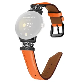 Google Pixel Watch 1 / 2 / 3 Læder Rem m. Sort Rhinsten Spænde - Orange