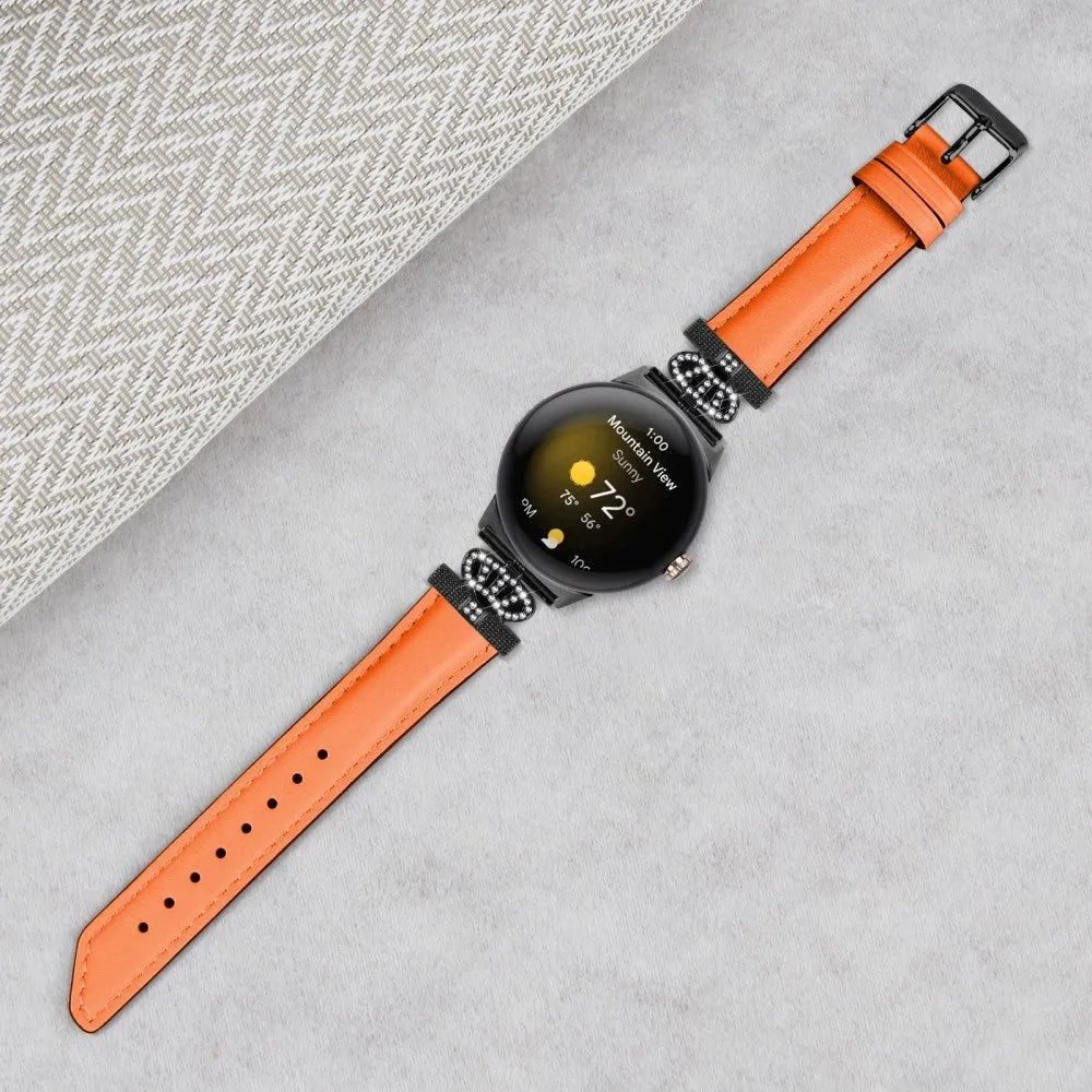 Google Pixel Watch 1 / 2 / 3 Læder Rem m. Sort Rhinsten Spænde - Orange