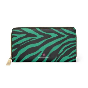 Green Zebra Animal Print Wallet, Best Zebra Striped Animal Print Gold Color Zipper Wallet For Women