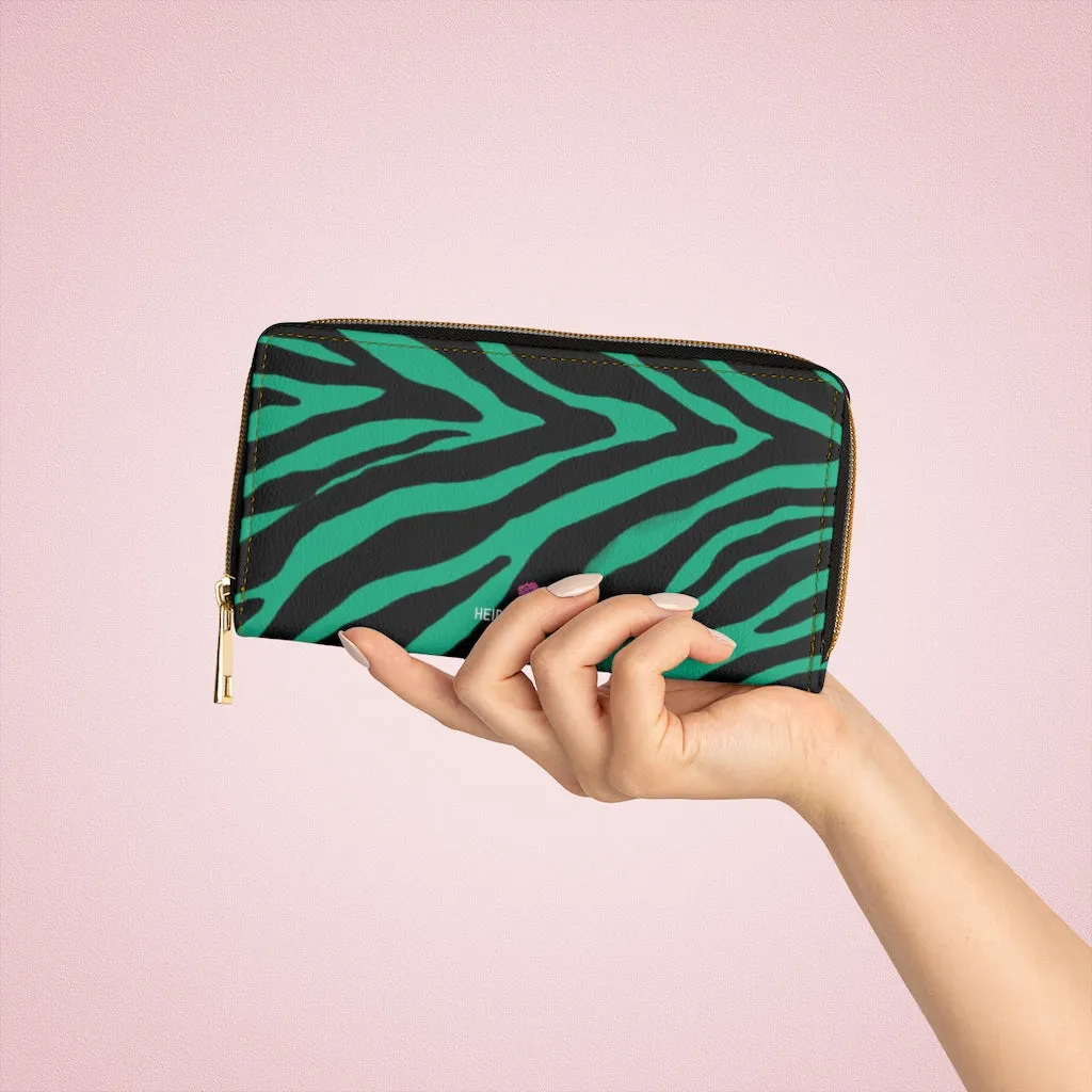 Green Zebra Animal Print Wallet, Best Zebra Striped Animal Print Gold Color Zipper Wallet For Women