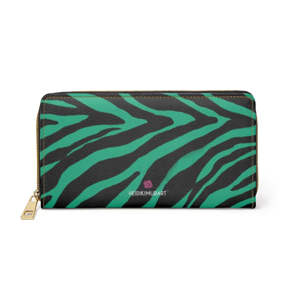 Green Zebra Animal Print Wallet, Best Zebra Striped Animal Print Gold Color Zipper Wallet For Women