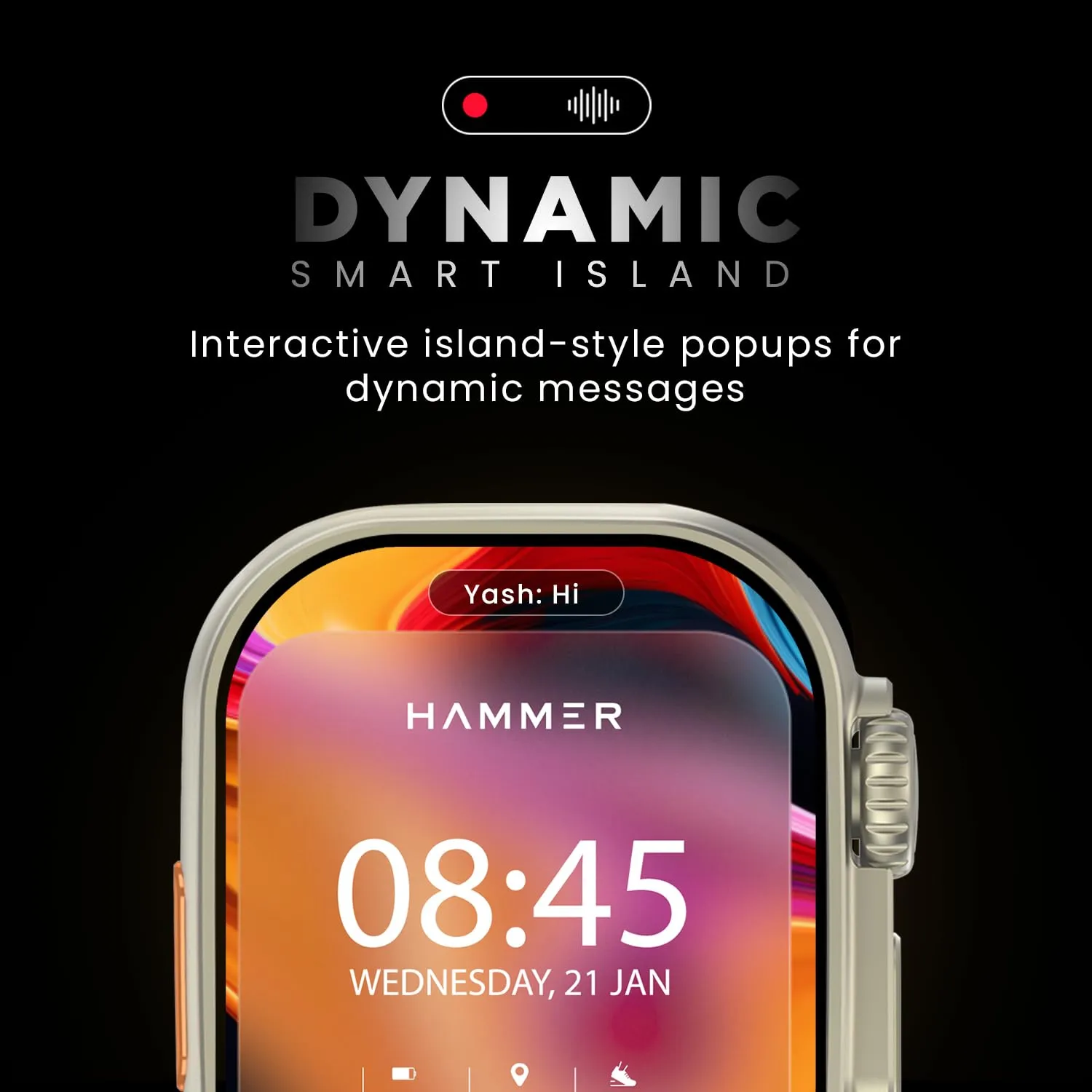 HAMMER Active 2.0 Plus 2.1" HD Display Smart Watch with Gesture Control, Bluetooth Calling, DIY Watch Face Studio, Sports Modes, Functional Crown, Dynamic Island Notification, Menstrual Cycle (Blue)