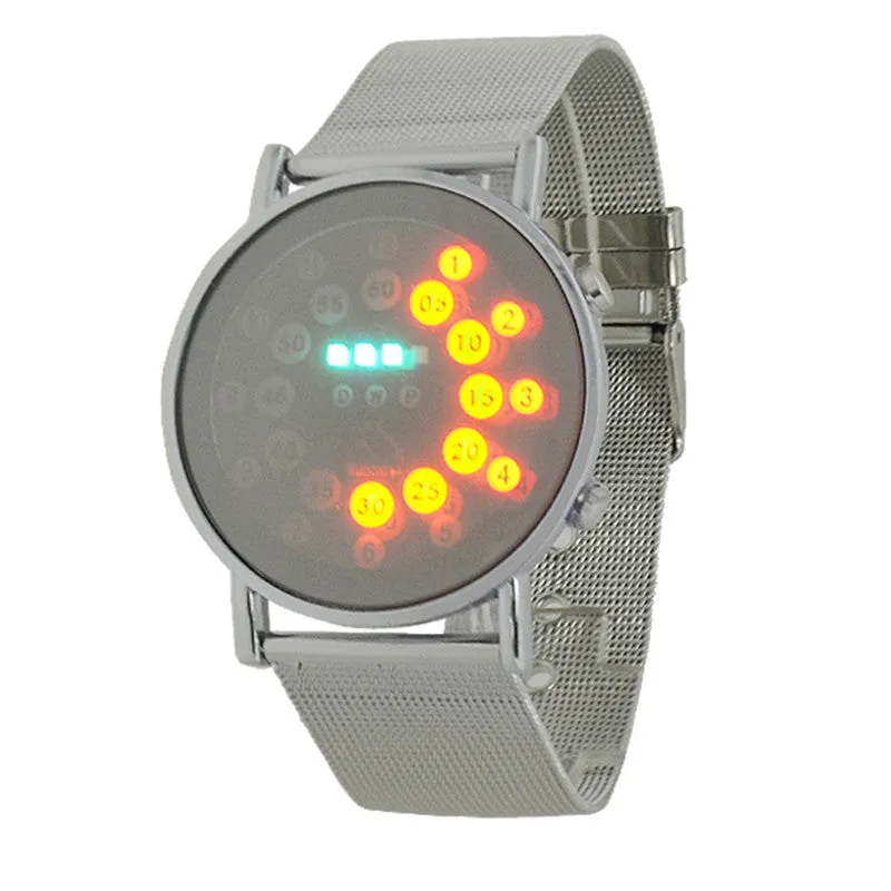 Hot mens sports blue&multi-led lights ball display silver mesh stainless steel band digital Week Date women wrist led watch