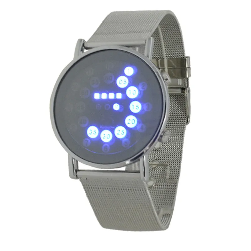 Hot mens sports blue&multi-led lights ball display silver mesh stainless steel band digital Week Date women wrist led watch