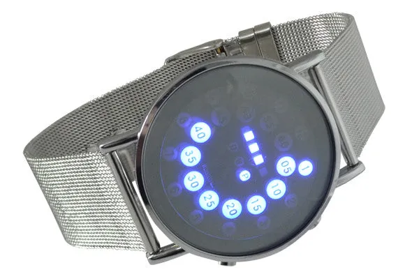 Hot mens sports blue&multi-led lights ball display silver mesh stainless steel band digital Week Date women wrist led watch