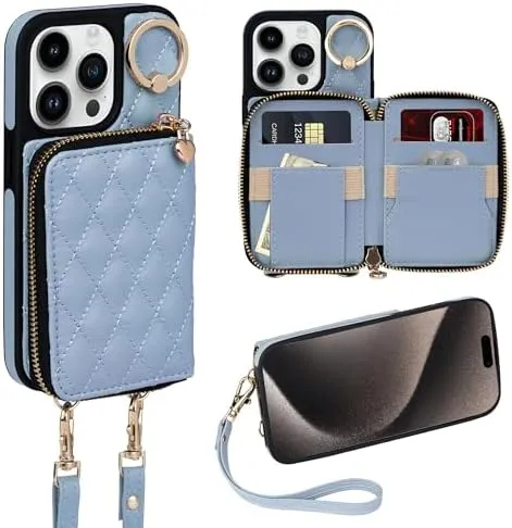 i Phone 16 Pro Max 6.7'' Wallet Case Crossbody Zipper Purse RFID Blocking Card Holders