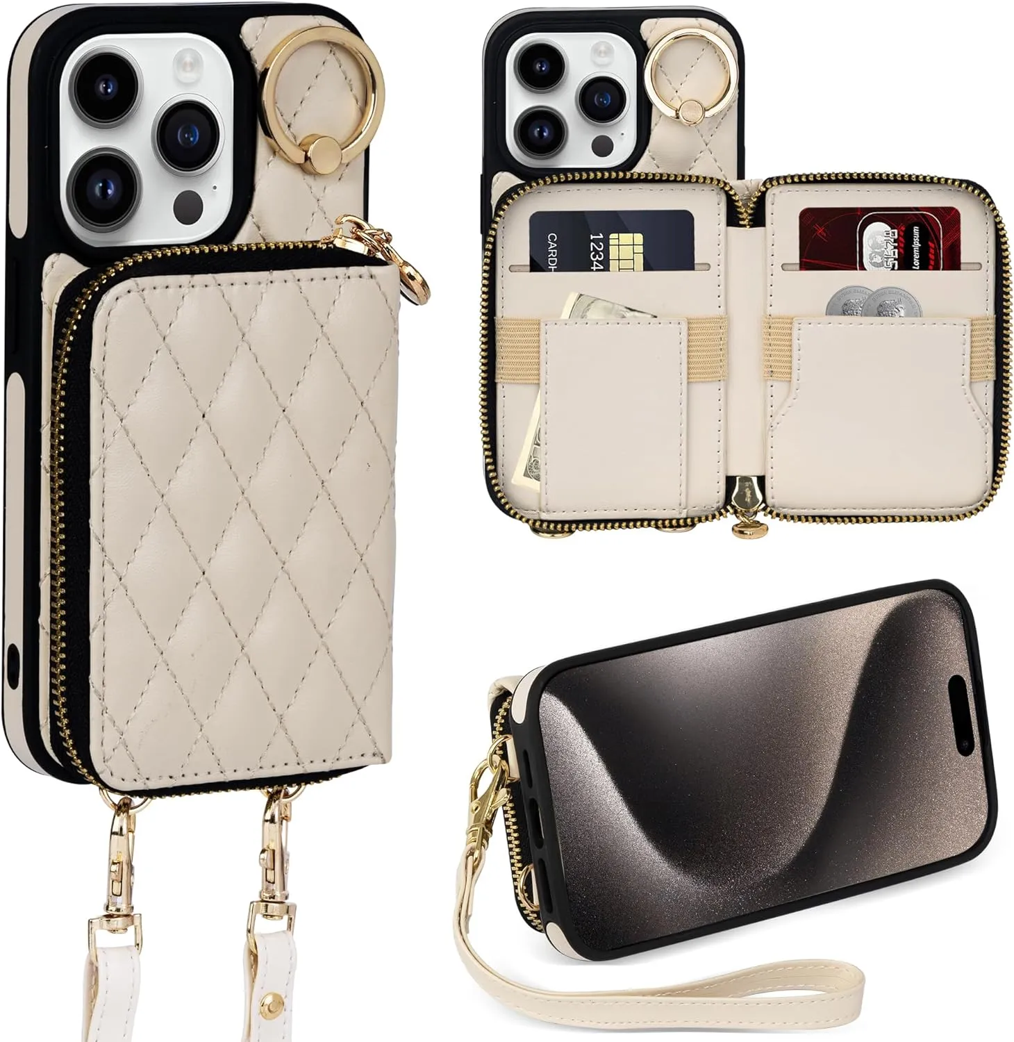 i Phone 16 Pro Max 6.7'' Wallet Case Crossbody Zipper Purse RFID Blocking Card Holders