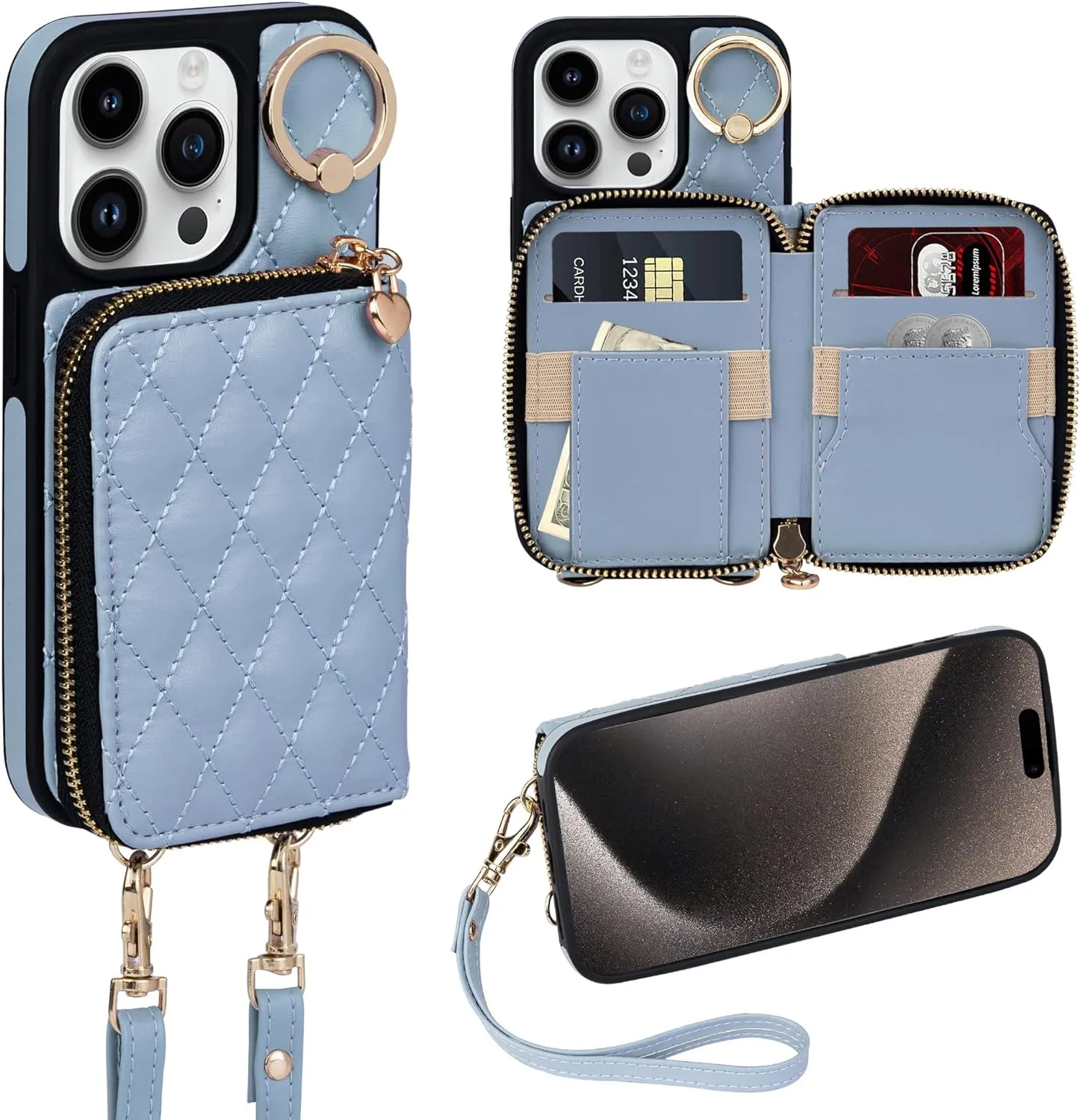 i Phone 16 Pro Max 6.7'' Wallet Case Crossbody Zipper Purse RFID Blocking Card Holders