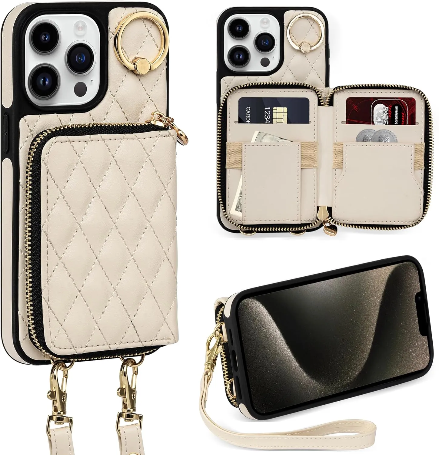 i Phone 16 Pro Max 6.7'' Wallet Case Crossbody Zipper Purse RFID Blocking Card Holders