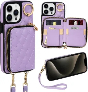 i Phone 16 Pro Max 6.7'' Wallet Case Crossbody Zipper Purse RFID Blocking Card Holders