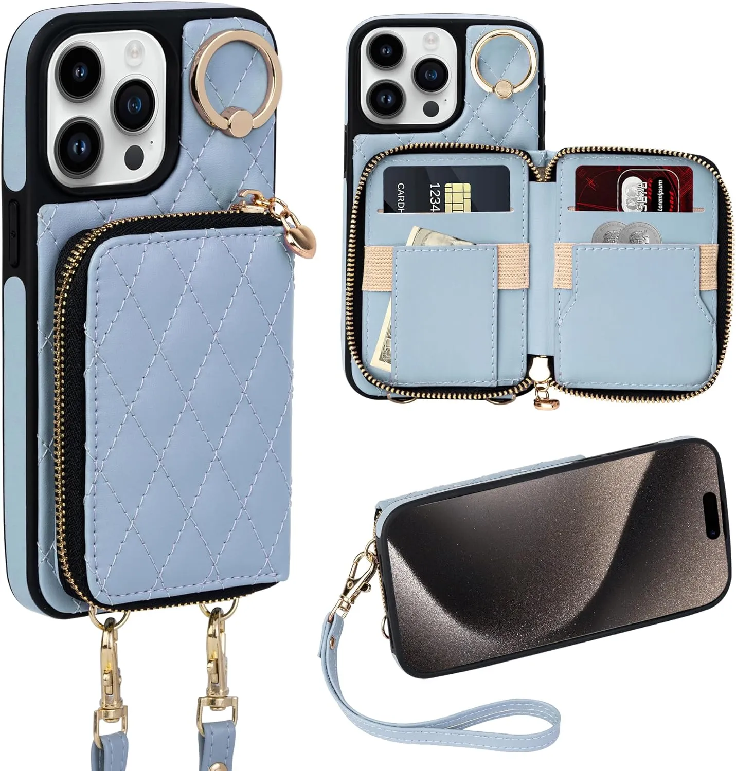 i Phone 16 Pro Max 6.7'' Wallet Case Crossbody Zipper Purse RFID Blocking Card Holders