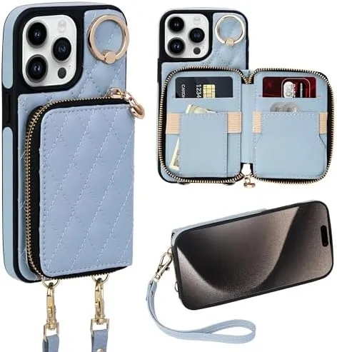 i Phone 16 Pro Max 6.7'' Wallet Case Crossbody Zipper Purse RFID Blocking Card Holders