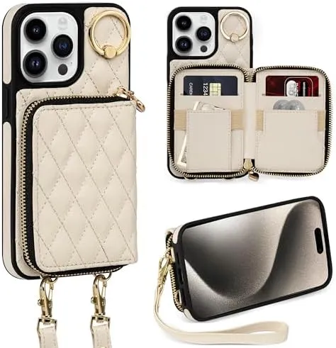 i Phone 16 Pro Max 6.7'' Wallet Case Crossbody Zipper Purse RFID Blocking Card Holders