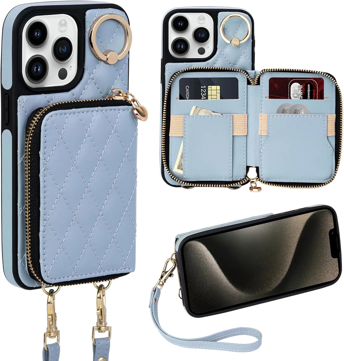 i Phone 16 Pro Max 6.7'' Wallet Case Crossbody Zipper Purse RFID Blocking Card Holders