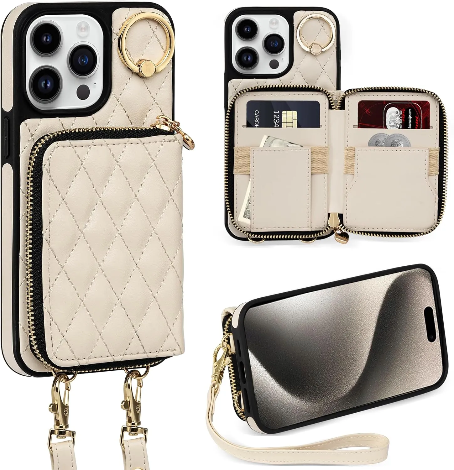 i Phone 16 Pro Max 6.7'' Wallet Case Crossbody Zipper Purse RFID Blocking Card Holders