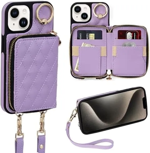 i Phone 16 Pro Max 6.7'' Wallet Case Crossbody Zipper Purse RFID Blocking Card Holders