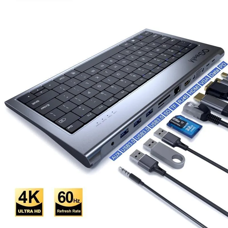 Keyboard and USB-C Hub: for Mac Android Windows Triple Display 4K HDMI SD Card RJ45 LAN Aux PD USB Hub Adapter