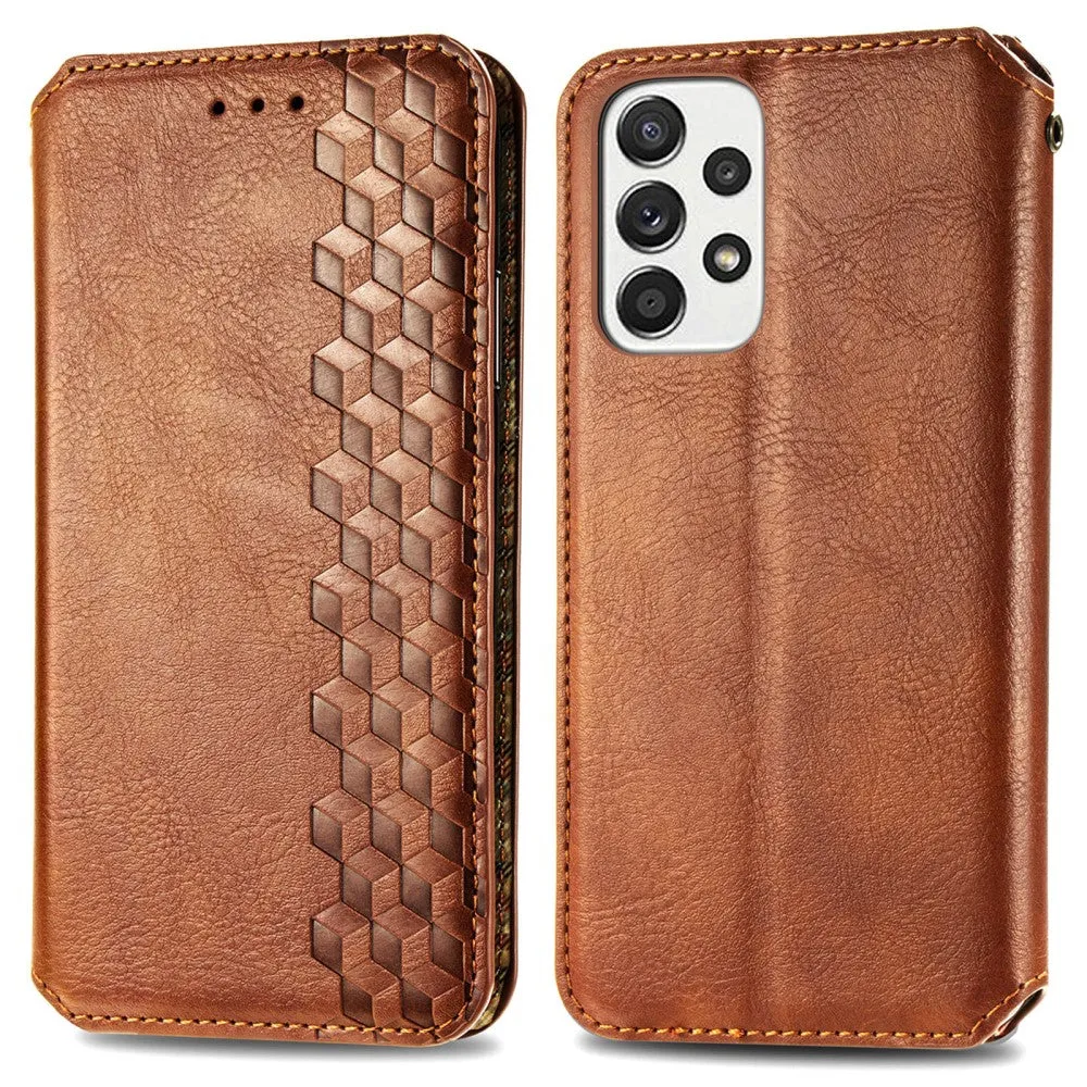 Leather case with a stylish rhombus imprint for Samsung Galaxy A73 - Brown