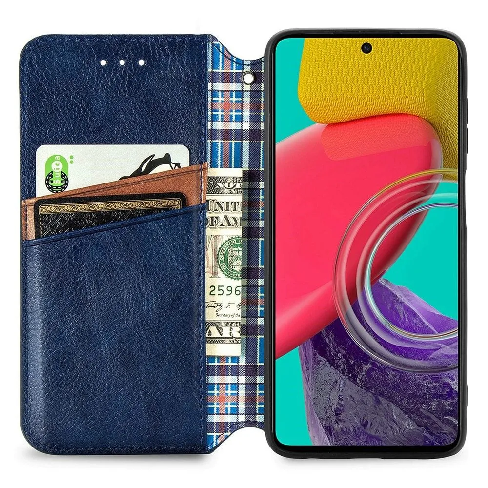 Leather case with a stylish rhombus imprint for Samsung Galaxy M33 5G - Blue