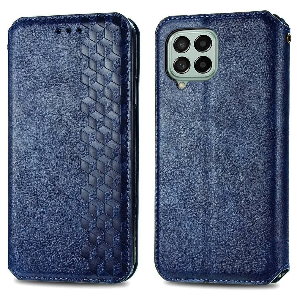 Leather case with a stylish rhombus imprint for Samsung Galaxy M33 5G - Blue