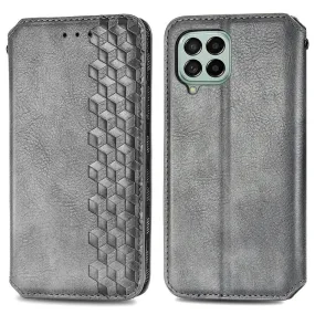 Leather case with a stylish rhombus imprint for Samsung Galaxy M53 5G - Grey