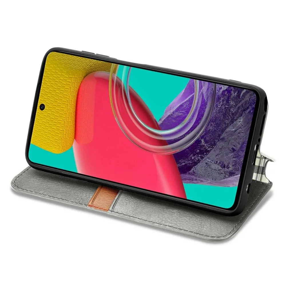 Leather case with a stylish rhombus imprint for Samsung Galaxy M53 5G - Grey